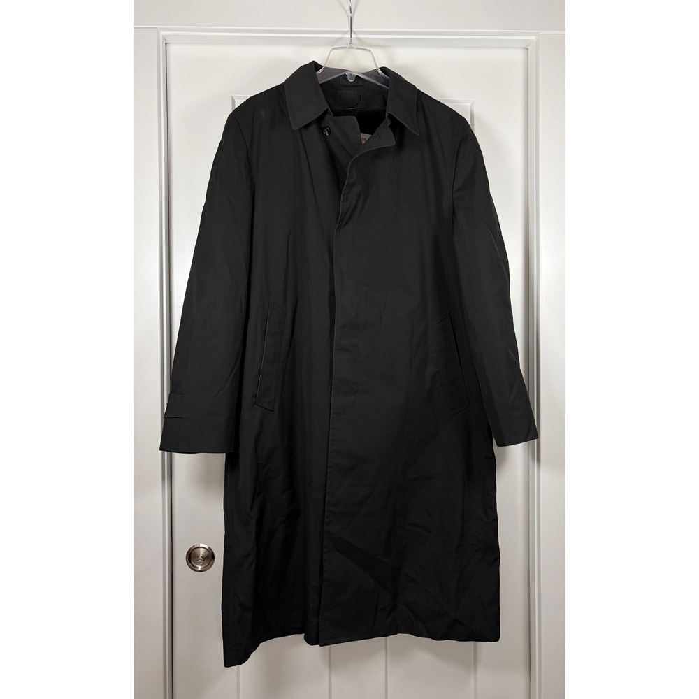 Vintage London Fog Trench Coat Men's 44 Long Black Faux Fur Lined Dacron USA